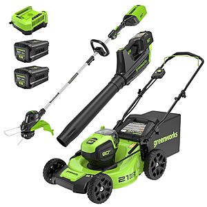 Greenworks 80V 21” Brushless (Push) Cordless Electric Lawn Mower + (500 CFM) Axial Leaf Blower + 13” String Trimmer, (2) 2.0Ah Batteries and 30 Minute Rapid Charger $479.99