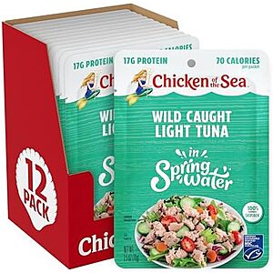 $7.20 S&S CLIP Q Chicken of the Sea Wild Caught Light Tuna in Spring Water, 2.5 Ounce Packets, 12-Count – High Protein 100% Skipjack Tuna in Water – AMAZON