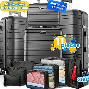 11Pcs Hardshell Luggage Set, Lightweight Suitcases w/ Spinner Wheels, Carry on Luggage, Black $69.99