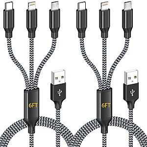 AICHUA Multi Charging Cable 6ft 2 Pack, MFi Certified 3 in 1 Cord, Lightning USB C Micro USB Connectors $4.49