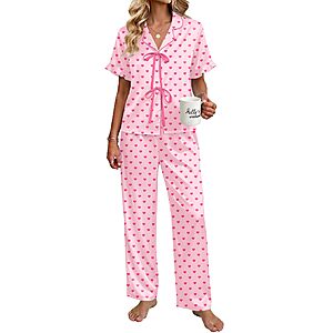 Ekouaer Silk Pajamas for Women 2 Piece Satin Pj Set Ruffle Tie Short Sleeve Sleepwear Comfy Loungewear with Pockets Pink Heart $11.99