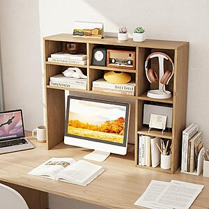 Tangkula Desktop Bookshelf, 37" Countertop Storage Hutch with 7 Cubes & 3 Adjustable Shelves, 3-Tier Desk $56.69