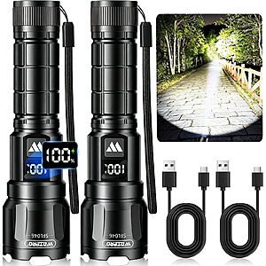 WdtPro Rechargeable Flashlights 2 Pack, Super Bright LED High Lumens Tactical Flash Light with LCD Battery Display, Zoomable 3 Modes $11
