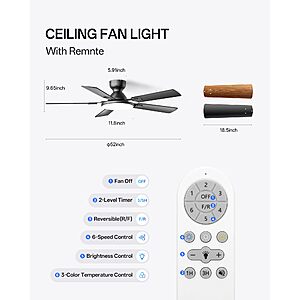 Homelist Ceiling Fans with Lights 52 Inch, Low Profile Flush Mount Fan $71.99