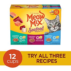 $5.99 S&S and Q AMZ: Meow Mix Savory Morsels Seafood Favorites Variety Pack, 2.75 oz Can (12 Pack)