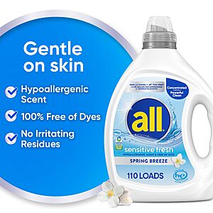 $9.60 S&S CLIP Q AMZ all Sensitive Fresh Spring Breeze Laundry Detergent for Sensitive Skin, 82.5oz, 110 Loads, Fresh & Light Scent, Hypoallergenic