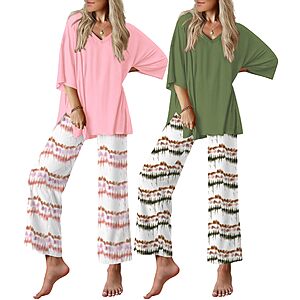 Ekouaer 2 Packs Lounge Sets for Women Short Sleeve Pajamas Set V Neck Top and Long Pants Comfy Pjs Outifts with Pockets $19.99
