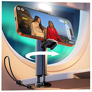 LISEN Airplane Travel Phone Holder w/ Adjustable LED Light & Clamp Mount (USB-C Rechargeable) $7.99 + Free Shipping w/ Prime or on $35+