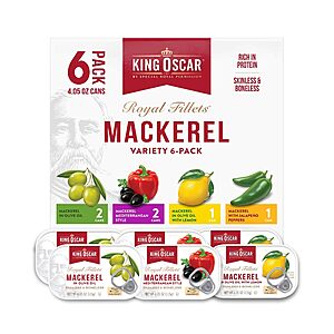 Select Accounts: 50% off Amazon S&S King Oscar Skinless & Boneless Mackerel Variety Pack, 4.05-Ounce Cans (Pack of 6), Skinless & Boneless, Wild Caught Canned Mackerel $13.12