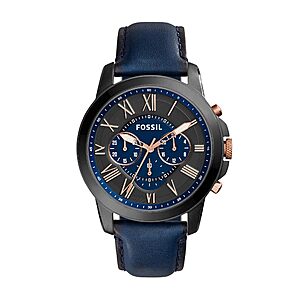 $76.97: Fossil Men's Watch, Grant Quartz Stainless Steel and Leather Chronograph Watch for Men, Black, Navy
