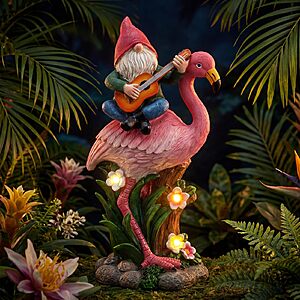 EXYGLO Solar Gnome Garden Statue Decor, 10" Gnome Riding Flamingo Outdoor Funny Decoration $10.99