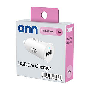 onn (Walmart Brand) 12W Single USB-A Port Car Charger, White - $2 Free Shipping Walmart Plus