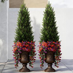2-Pack 4' Vitalismo Artificial Cedar Topiary Shrubs + 12-Bundle Artificial Silk Flowers $44.99 + Free Shipping