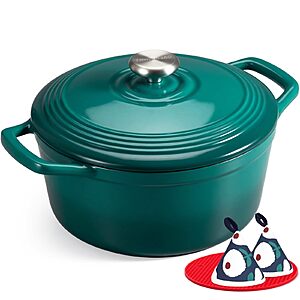 Overmont Enameled Cast Iron Dutch Oven - 5.5QT Pot with Lid Cookbook & Cotton Potholders - Heavy-Duty Cookware for Braising, Stews, Roasting, Sourdough Baking Bottle green $38.89