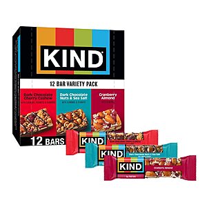 [S&S] $10.89: KIND Nut Bars Variety Pack, Dark Chocolate Nuts & Sea Salt, Peanut Butter Dark Chocolate, Caramel Almond Sea Salt (12 Count)