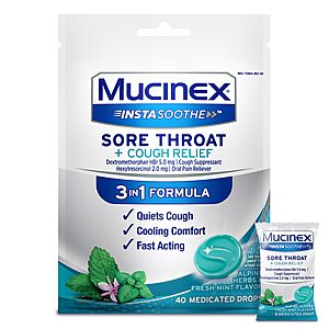 [S&S]40 Count Mucinex InstaSoothe Sore Throat + Cough Relief Alpine Herbs & Mint Flavor $3.66 + Free S&H w/ Prime or $35+
