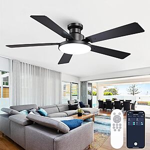 52" Vaczon Low Profile 5-Blade 6-Speed Ceiling Fan w/ 12.2" Large 3CCT LED Light & Remote (Black) $46.54 + Free Shipping