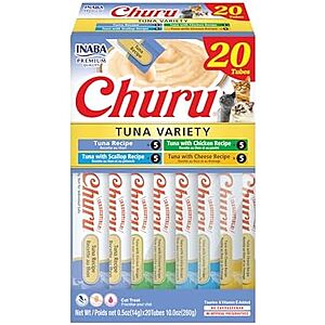 [SnS, AC] $8.39* | 20-Ct 0.5-Oz Inaba Churu Squeezable Purée Cat Treats (Tuna Variety Pack) at Amazon