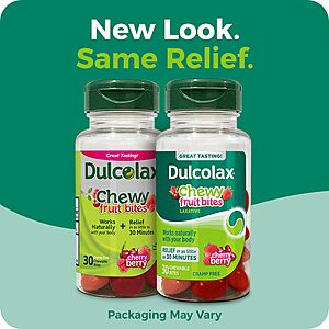 [S&S] Dulcolax Saline Laxative Chewy Fruit Bites, Fast-Acting Laxative & Gentle Constipation Relief, Cherry Berry Flavor, Magnesium Hydroxide 600 mg, 30 Count $3.99