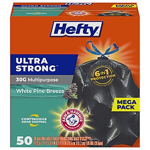 Hefty Ultra Strong 30 Gallon Trash Bags, Break Resistant Drawstring Closure, Resists Leaks, Punctures, and Tears, Black, White Pine Breeze Scent, 50 Bags $10.64
