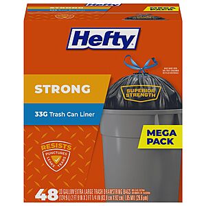 Hefty Strong Extra Large Trash Bags, Black, 33 Gallon, 48 Count $10.07 or less