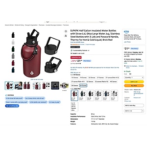 BJPKPK Half Gallon Insulated Water Bottles with Straw Lid, 64oz Large Water Jug, Stainless Steel Bottles with 3 Lids and Paracord Handle, $21.49