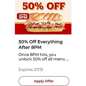Firehouse Subs: 50% Off Everything After 8 PM, Thurs.-Sat. for Rewards Members through July 31, 2026