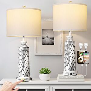 26" Table Lamps Set of 2, Modern Bedside Lamps with USB A+C Ports, 3-Way Dimmable Touch Control & White Shade, (Coastal White Gray) , Included 2700K LED Bulbs $39.99