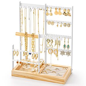 DreamGenius Jewelry Organizer Stand with Velvet Ring Holder, 4 Tier Jewelry Holder Organizer with 11 Hooks for Necklaces and 132 Holes for Earrings, White $9.99