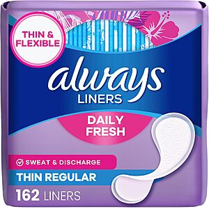 162-Count Always Thin Daily Panty Liners $4.90 w/ S&S + Free Shipping w/ Prime or on $35+