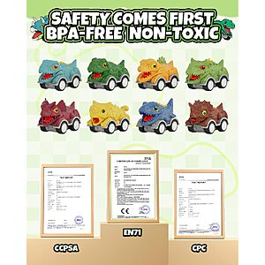 Cozycharm 8PCS Dinosaur Pull Back Cars Set for Kids Toddlers $4.99