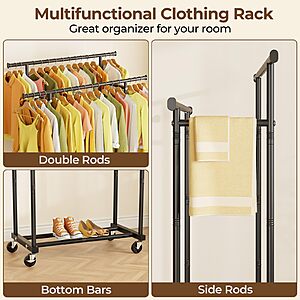 HYSEYY Double Rods Clothes Rack, Rolling Clothing Rack for Hanging Clothes Portable Wardrobe Rack, Metal Garment Rack Sturdy Coat Rack for Bedroom Laundry Living Room, Black $22.79
