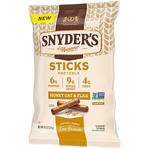 $20.95 or less S&S/Multibuy 9 BAGS of Snyder's of Hanover Honey Oat & Flax Pretzel Sticks, 8 Oz Bag