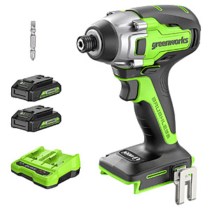 Greenworks 24V 1/4" 2650 in/lbs Brushless Impact Driver Kit (2) 2.0 ah usb batteries + Greenworks 24V Brushless 1-1/8" Reciprocating Saw (Tool Only) $102
