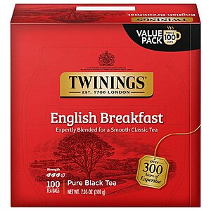 $6.81 S&S Clip Q Twinings w. Caffeine English Breakfast Black Tea Individually Wrapped Bags, 100 Count (Pack of 1),  AMAZON
