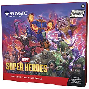 Magic: The Gathering | Marvel Super Heroes Scene Box - Villains Unleashed | 6 Foil Borderless Scene Cards, 6 Art Cards, 3 Play Boosters + Display Easel $29.99