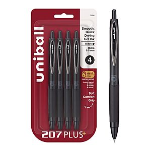 Uni-Ball 207+ Black Retractable Gel Pens 4 Pack with Micro 0.5mm Points, Uni-Ball Click Pens~$4.26 With S&S @ Amazon