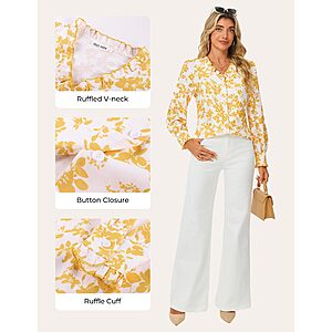 GRACE KARIN Womens Boho Floral Long Sleeve Blouses,2026 Summer V Neck Button Down Shirts,Dressy Casual Work Trendy Fall Tops Yellow White Floral S $11.99