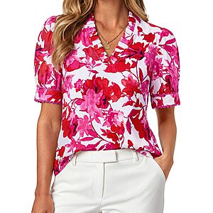GRACE KARIN Women Boho Floral Tops, Summer Puff Short Sleeve Dressy Casual Shirts, 2026 Spring V Neck Vacation Work Blouse Rose Red S $9.49