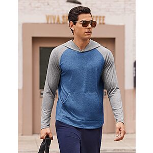 PINSPARK Men's Lightweight Hoodies Casual Long Sleeve Pullover Sweatshirts Activewear Kangaroo Pocket for Fall Running Workout Gym, Grey+Navy, Large $9.99