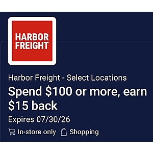 YMMV [Amex offer]  Spend $100 dollars or more, earn $15 back at Harbor freight! American Express