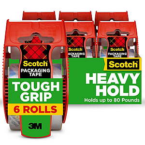 Scotch Tough Grip Clear Packing Tape, 1.88"x22.2 Yd, 6 Rolls with Dispensers $11.99