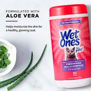 $11.98 or less S&S/Code: 4 x 50 count Tubs Wet Ones for Cats Freshening Wipes, Multi-Purpose Cat Grooming Wipes with Aloe Vera, Helps Remove Dirt, Odor, and Dander