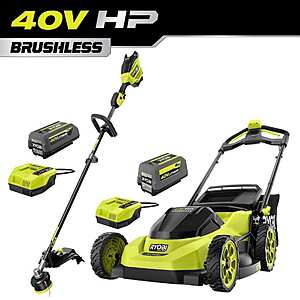 $419: RYOBI 40V HP Brushless 20" Cordless Battery Walk Behind Push Lawn Mower w/ 40V 17" String Trimmer, (2) Batteries & Chargers at HomeDepot