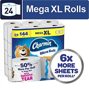 $35.74 FS Walmart, get $3 Walmart Cash Charmin Toilet Paper Ultra Soft, 24 Mega XL Rolls = 144 Regular