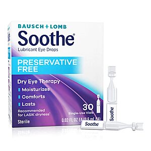 Soothe Preservative-Free Lubricant Eye Drops, Dry Eye Relief, Moisturizing, For Fast Relief & Gentle Enough for Sensitive Eyes and LASIK Dryness, Single-Use Vials, 30 Count $7.14