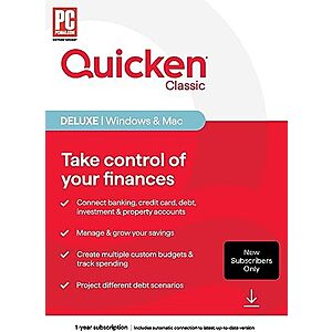 $34.20 | Quicken Classic Deluxe for New Subscribers| 1 Year [PC/Mac Online Code] at Amazon
