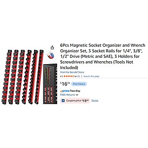 $13.99AC Bensbl 6Pcs Magnetic Socket Organizer and Wrench Organizer Set, 3 Socket Rails for 1/4", 3/8", 1/2" Drive (Metric and SAE), 3 Holders for Screwdrivers and Wrenches
