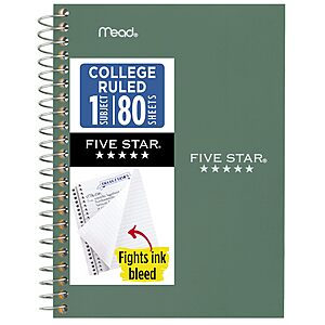 7" x 4-3/8" Five Star Spiral Notebook (College Ruled, 80 Sheets, Green) $1.63 + Free Shipping w/ Prime or on $35+