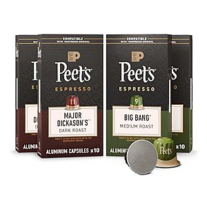 [SnS, AC] $14.94 | 4-Pack 10-Count Peet's Coffee Dark and Medium Roast Signature Blend Espresso Capsules, Compatible with Nespresso Original Machines at Amazon